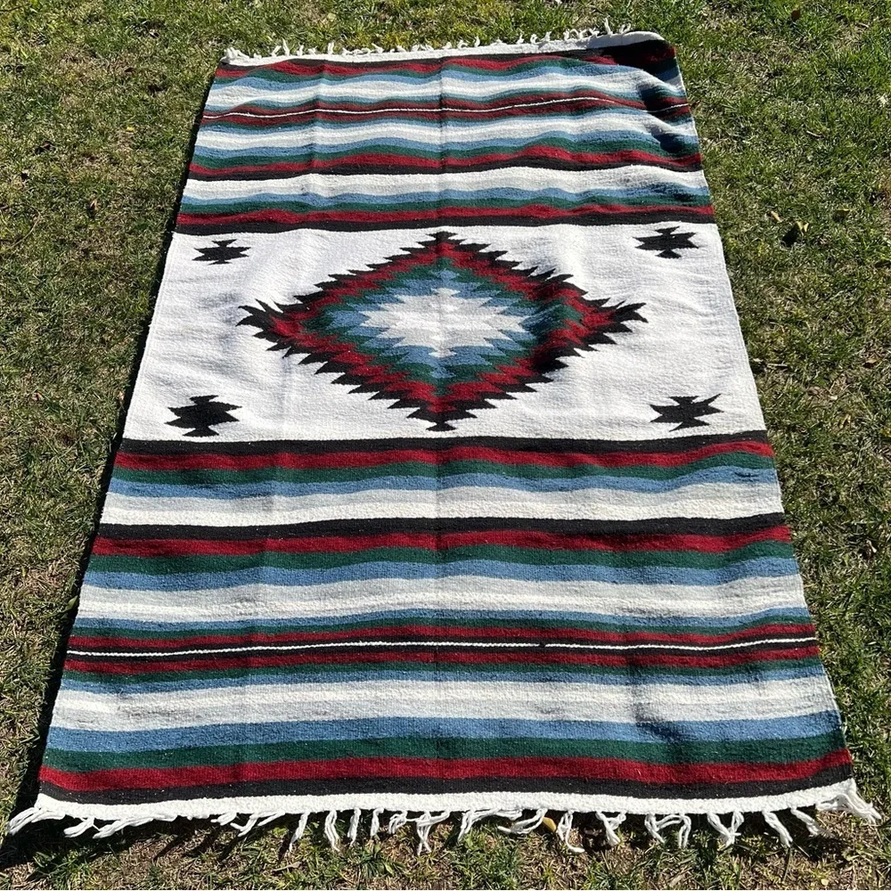 Mexican Woven Diamond Serape Fringed Blanket Rug Blue Red Green 46x71 GUC